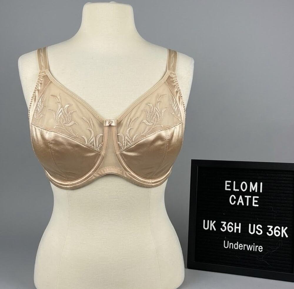 Elomi Cate Full Coverage Underwire Bra UK 36H US 36H Nude Gold Embroidered 8030